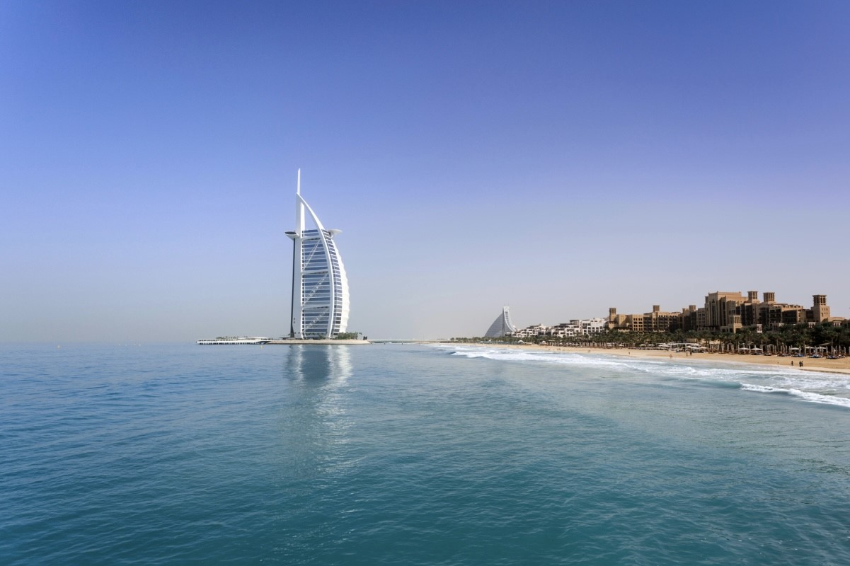 Sea level view of the Burj al Arab from a distance